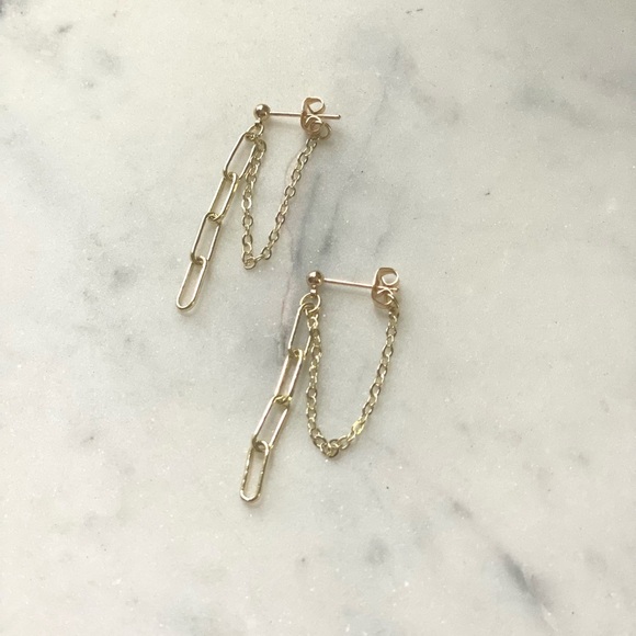 Gold plated 18K Drop Chain Earrings Handmade - Picture 3 of 4